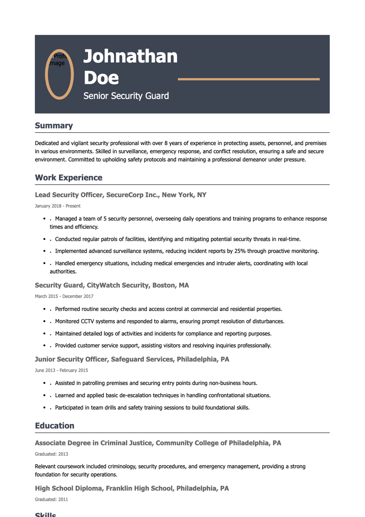 Professional security officer resume with photo and skills section_variant_3